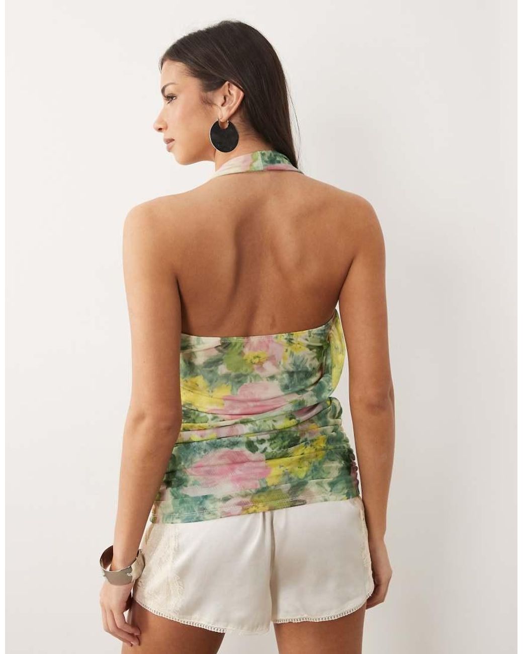 ASOS Multicolor Printed Mesh Scarf Detail Halter Top
