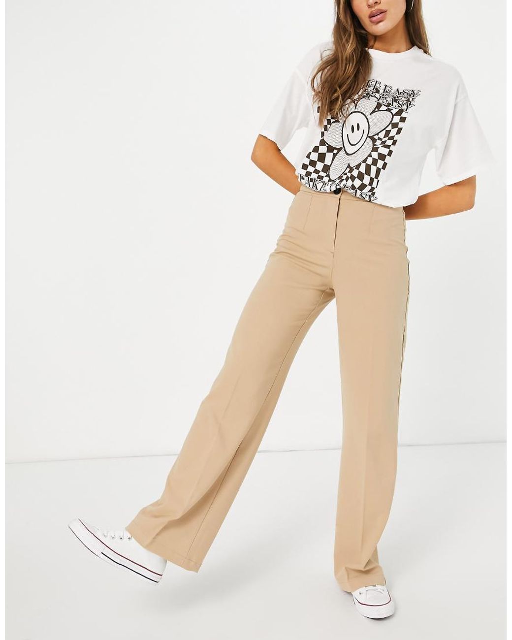 Bershka Natural Wide Leg Slouchy Dad Tailored Trousers
