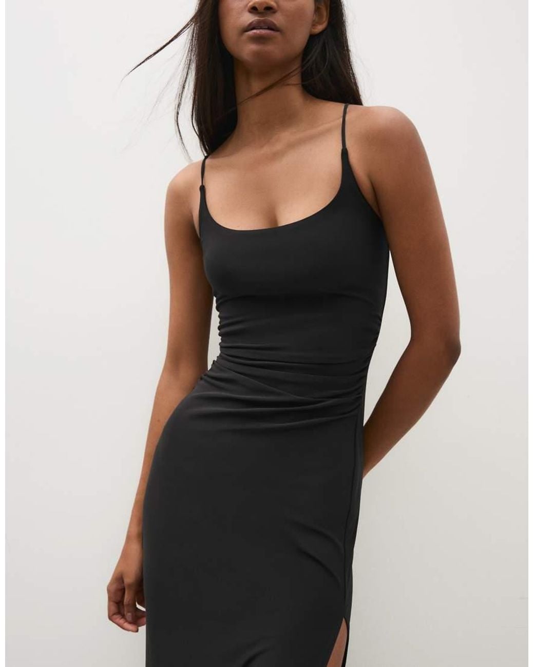 Bershka Black Gathered Strap Midi Dress