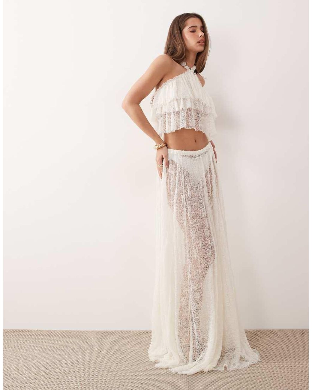 Noughts & Kisses Natural Lace Ruffle Halterneck Top Co-Ord