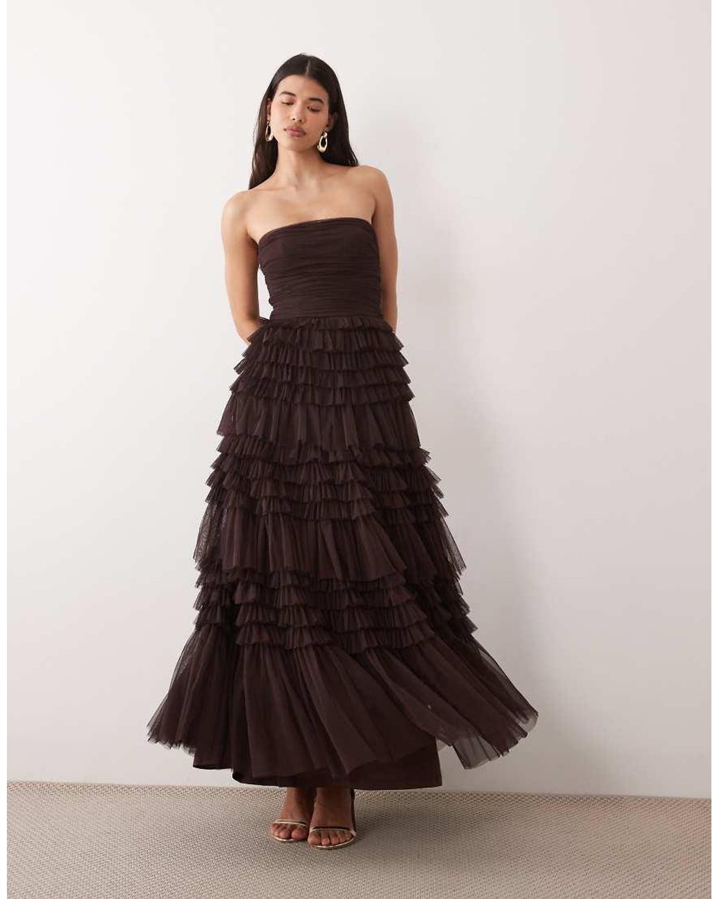 LACE & BEADS Multicolor Tulle Bandeau Tiered Ruffle Maxi Dress