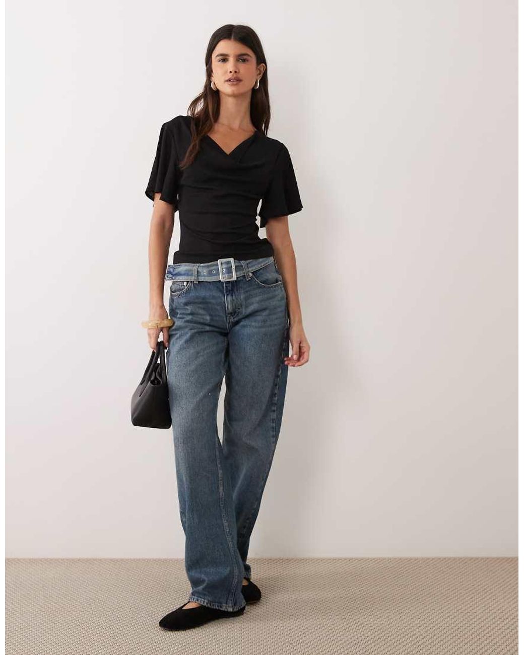 Miss Selfridge Black Top With Angel Sleeves And Cowl Neck