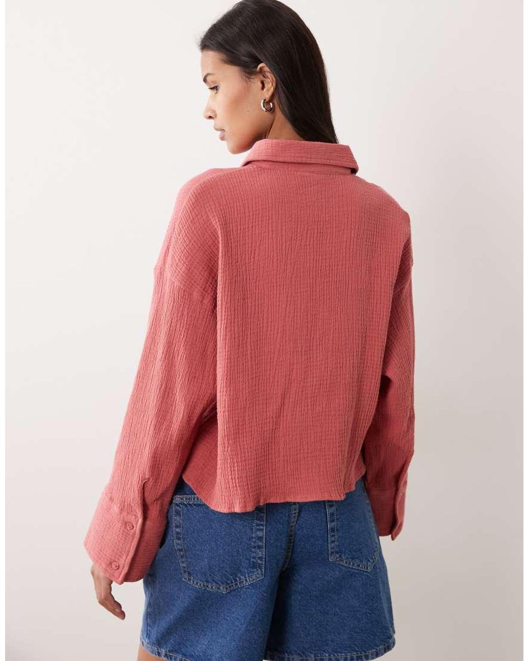ASOS Pink Cropped Textured Cotton Shirt