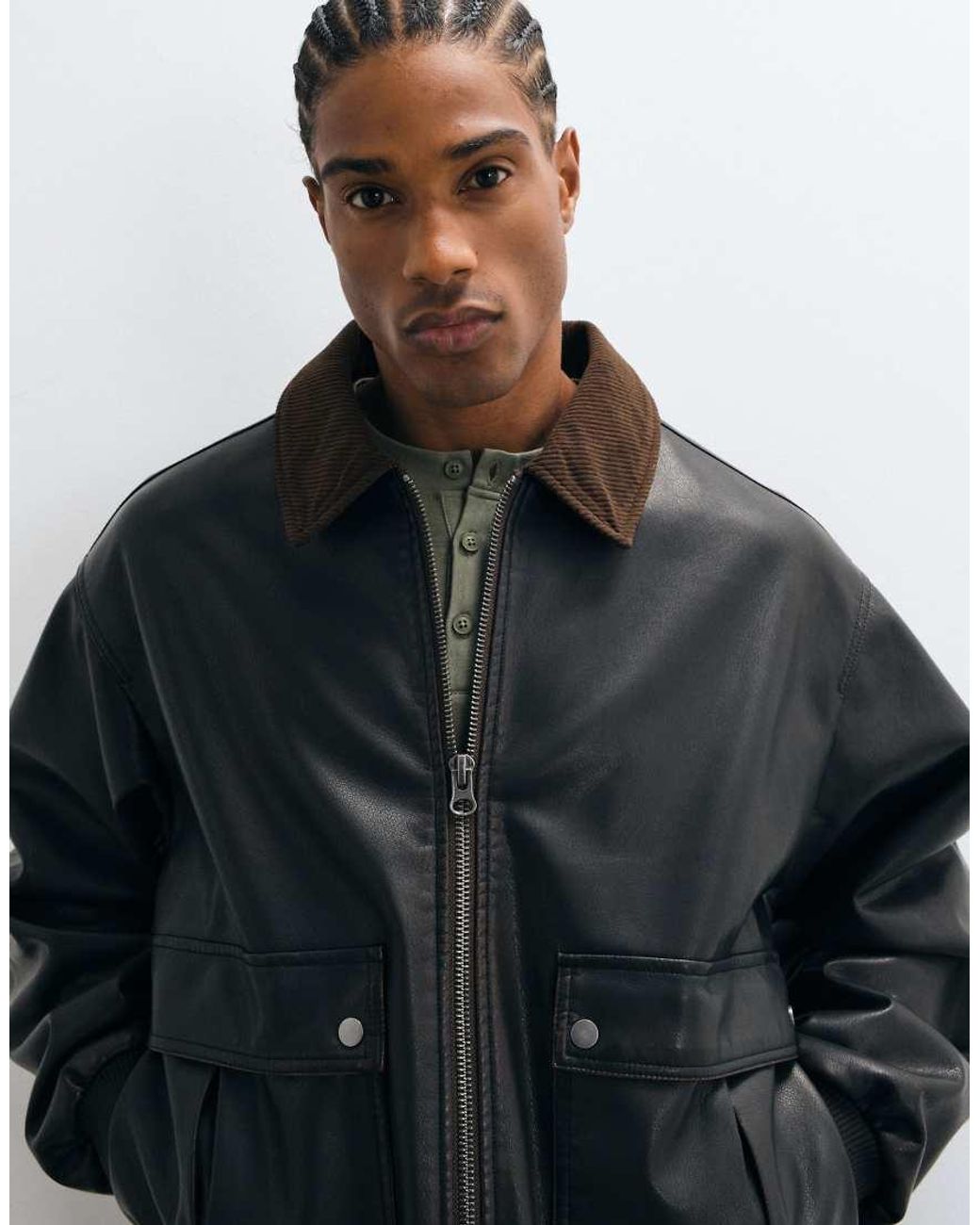 ASOS Blue Leather Look Bomber Jacket With Contrast Collar for men