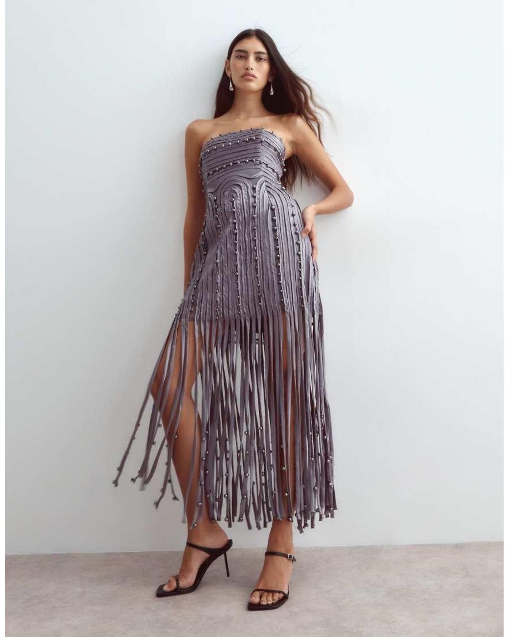 ARRANGE Purple Beaded Linear Fringe Hem Bandeau Midi Dress