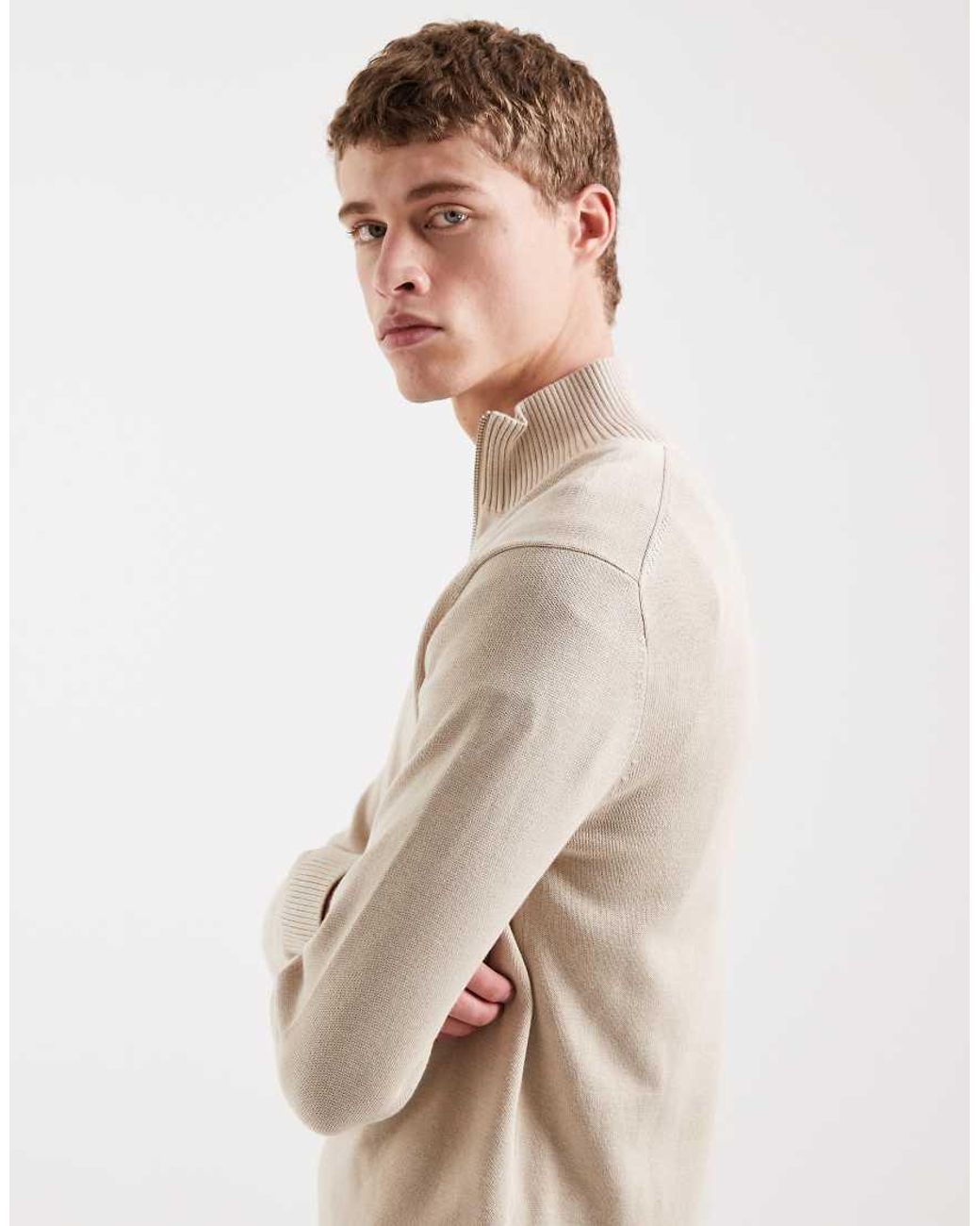 Tommy Hilfiger Natural Chest Logo Quarter Zip Sweater for men