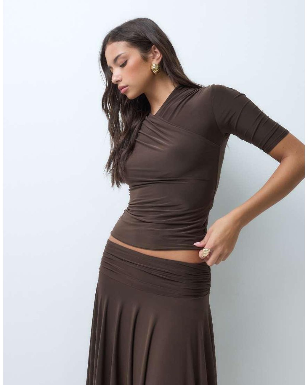 Kaiia Brown Exclusive Double Sculpted Slinky Wrap Front Detail 3/Sleeve Top Co-Ord