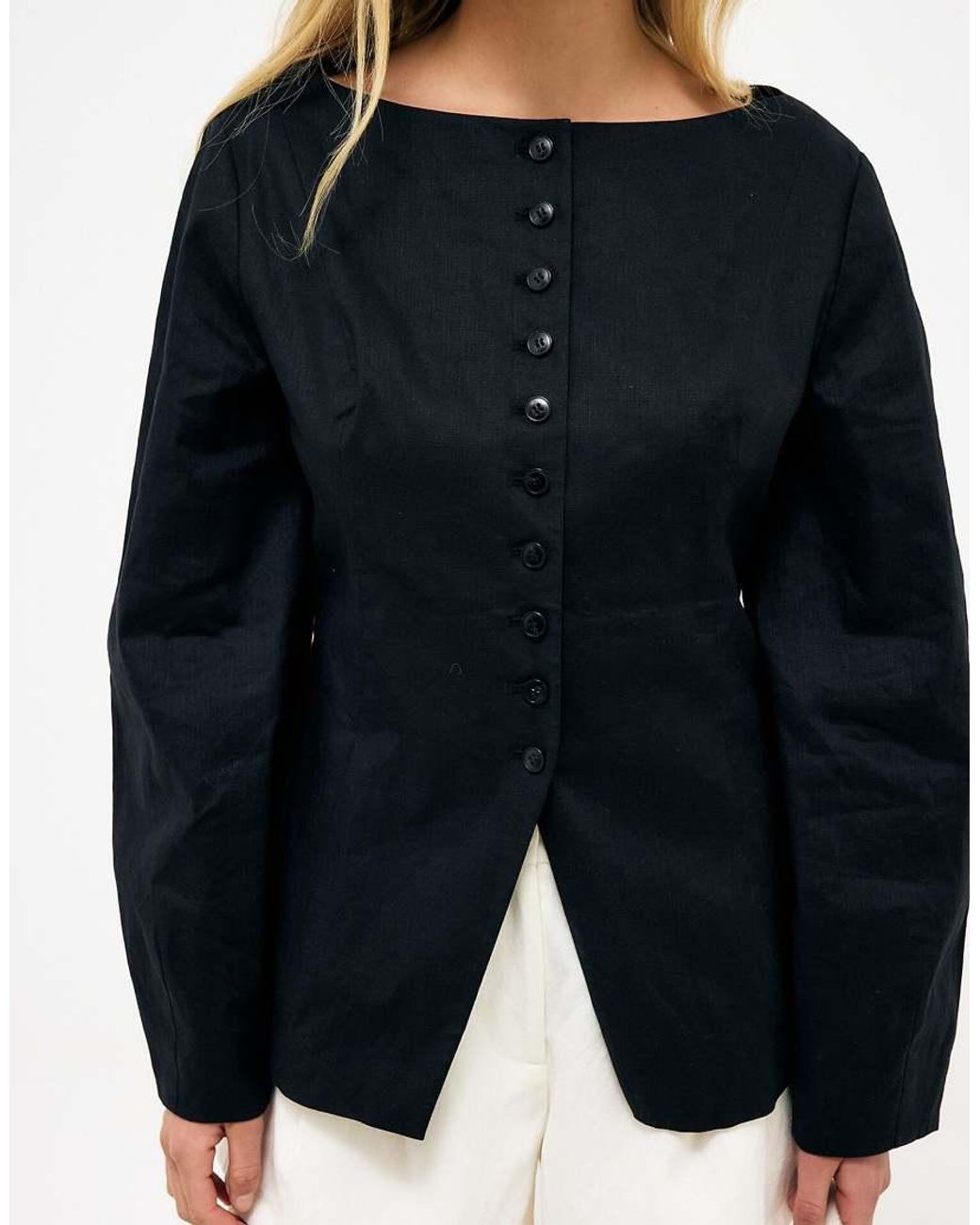 NA-KD Black Linen Blend Boatneck Fitted Blazer