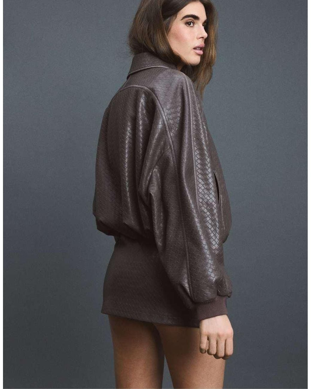 Stradivarius Gray Braided Leather Effect Bomber Jacket