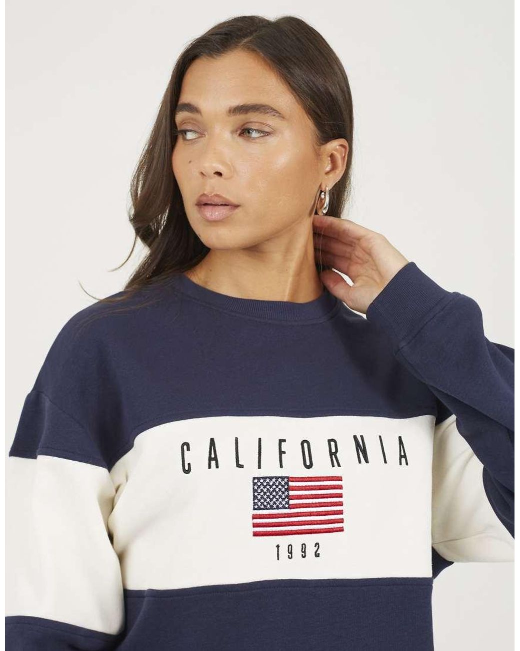 Brave Soul Blue Contrast Stripe Panel Crew Neck Sweatshirt