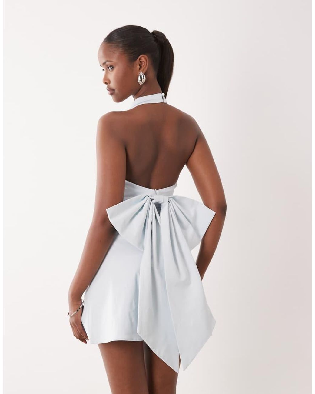 TFNC London Natural Bengaline High Halter Neck Bow Back Mini Dress