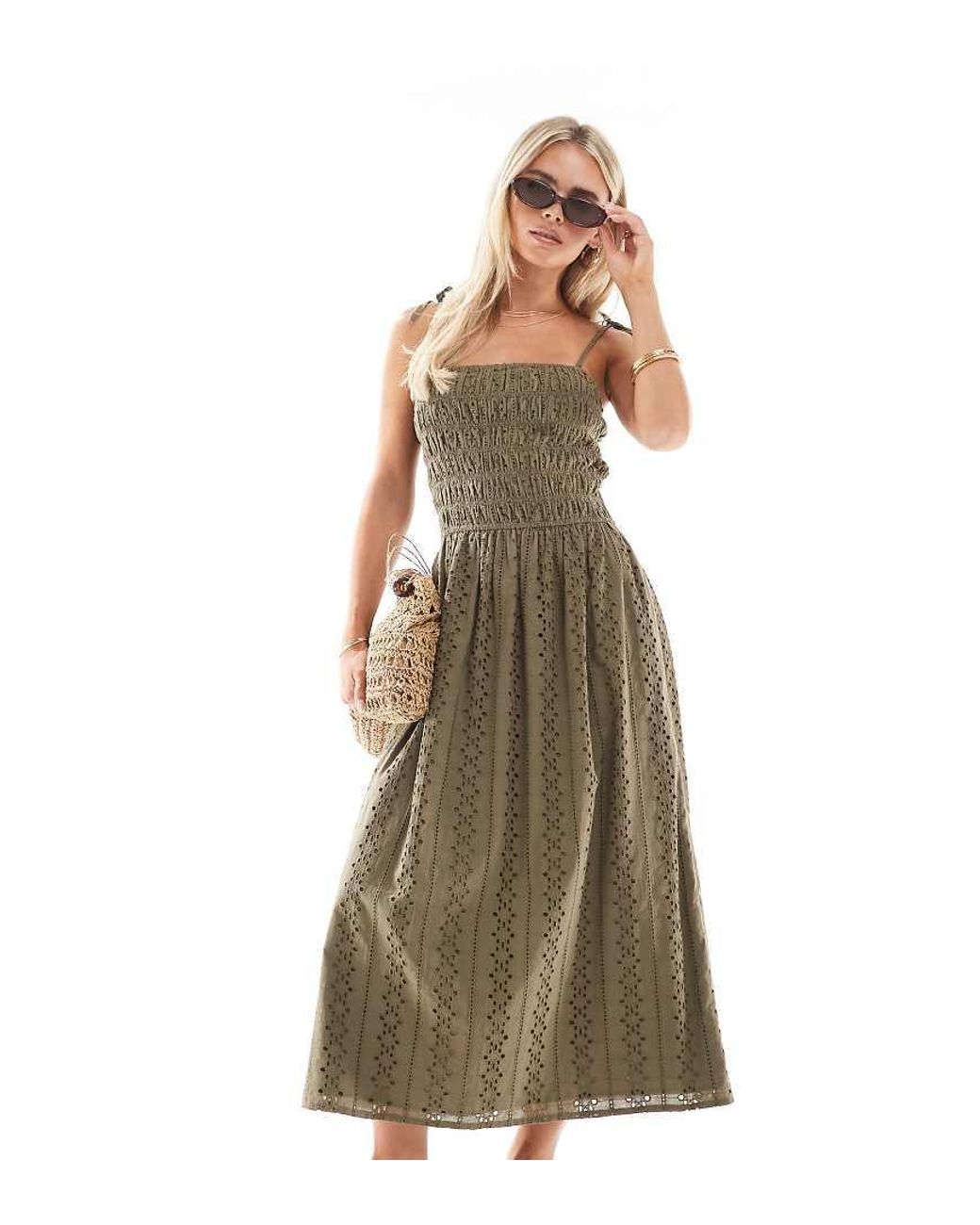 Miss Selfridge Green Strappy Broderie Maxi Dress