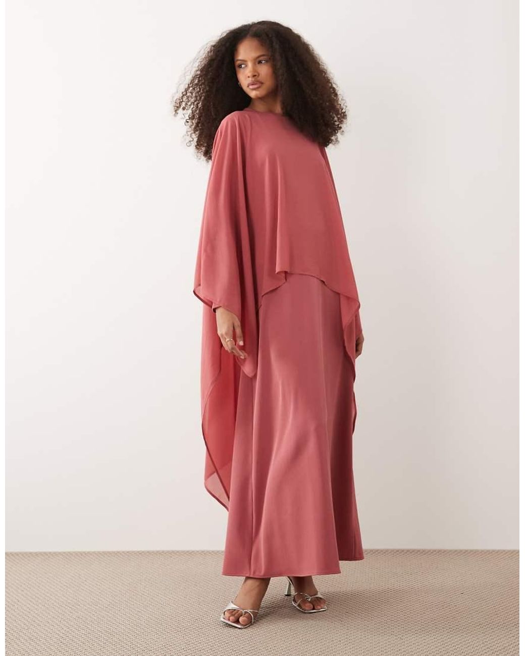 Iyal Red Chiffon Overlay Cape Drape Detail Satin Maxi Dress