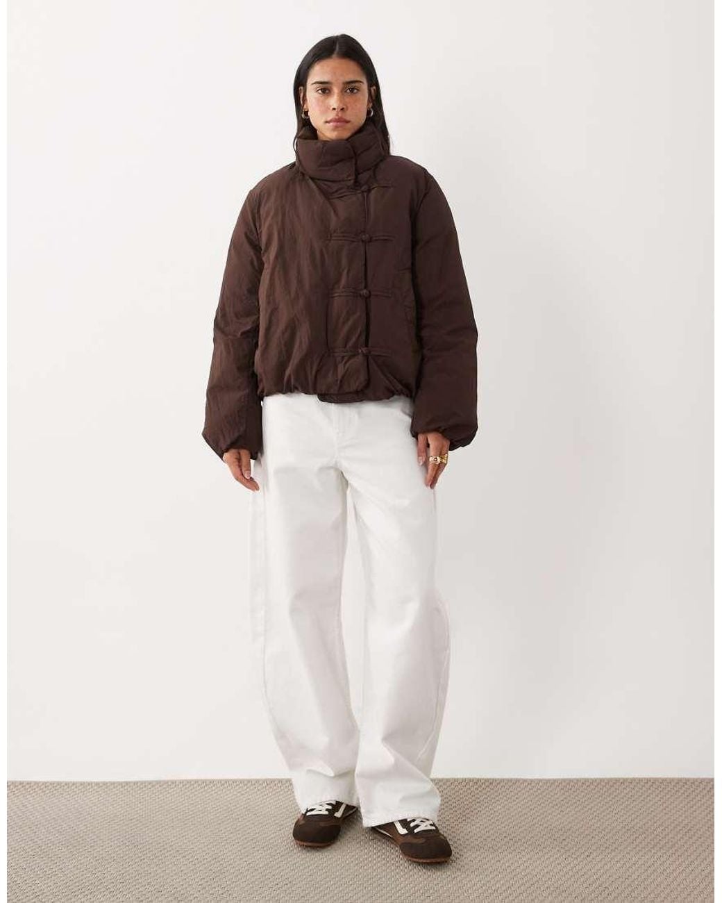 Mango Brown Puffer Jacket With Mandarin Buttons