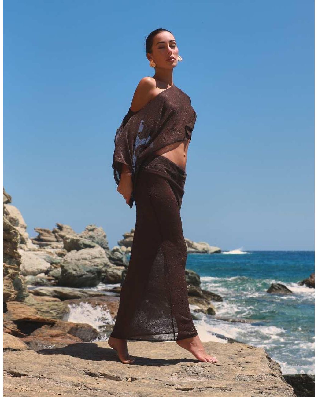 SIMMI Brown Foldover Sheer Knit Maxi Skirt