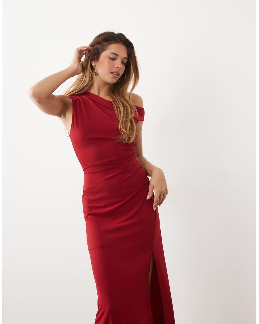 TFNC London Red Slinky Fallen Shoulder Thigh Split Maxi Dress