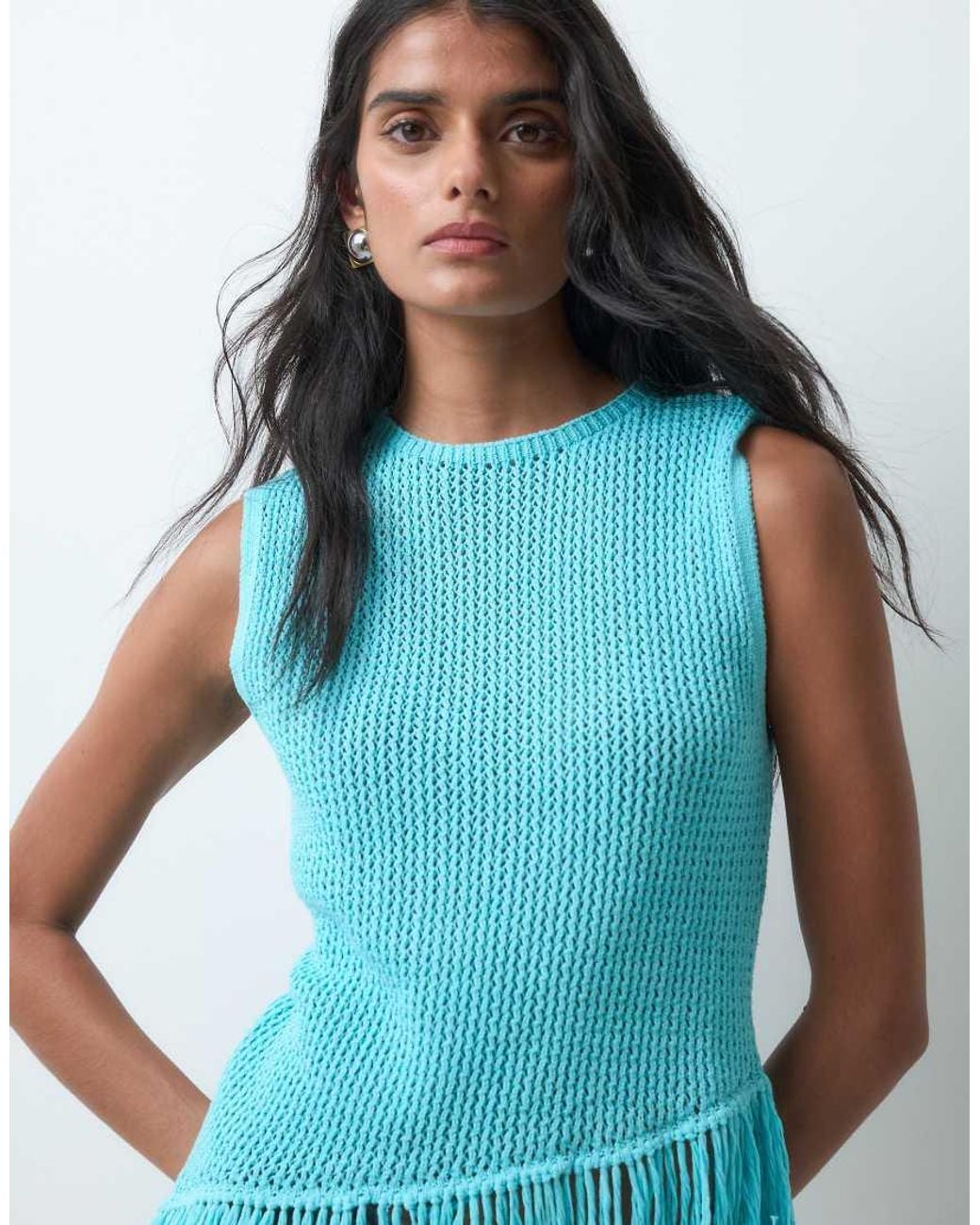 Miss Selfridge Blue Knitted Top With Fringing