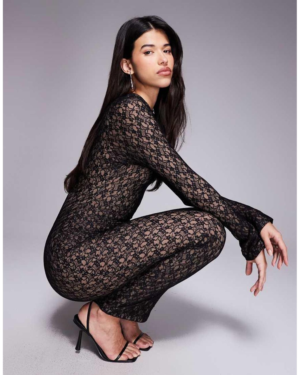Ruched & Ready Black High Neck Long Sleeve Sculpting Lace Maxi Dress