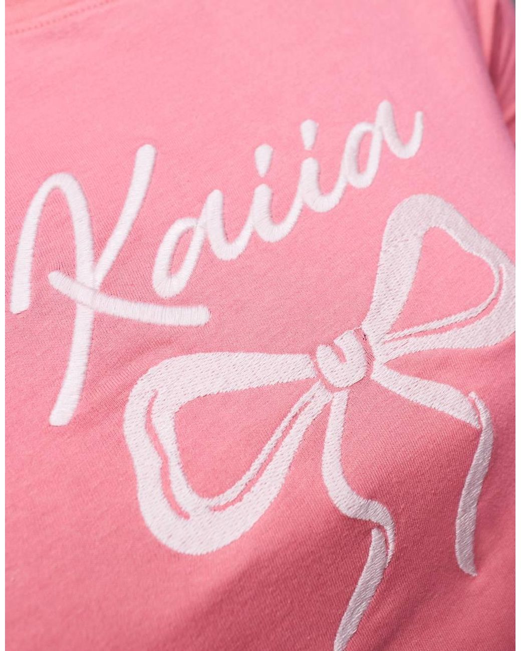 Kaiia Pink Embroidered Bow Logo Crew Neck Short Sleeve Crop Top