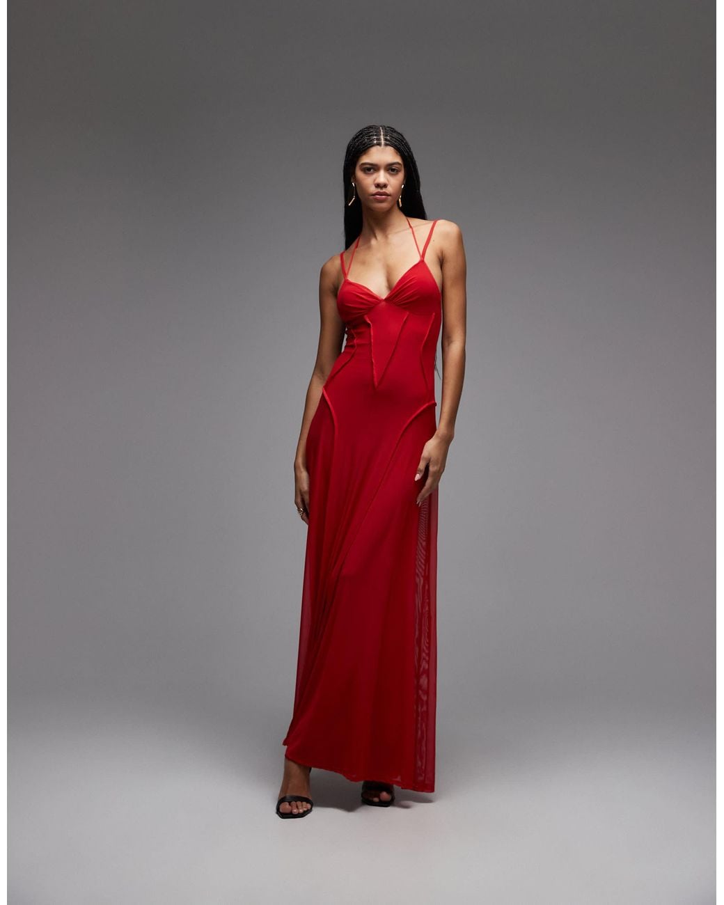 fitted lace wedding dress Stole The Show Ruched Mesh Maxi Dress Floral Red main image 1