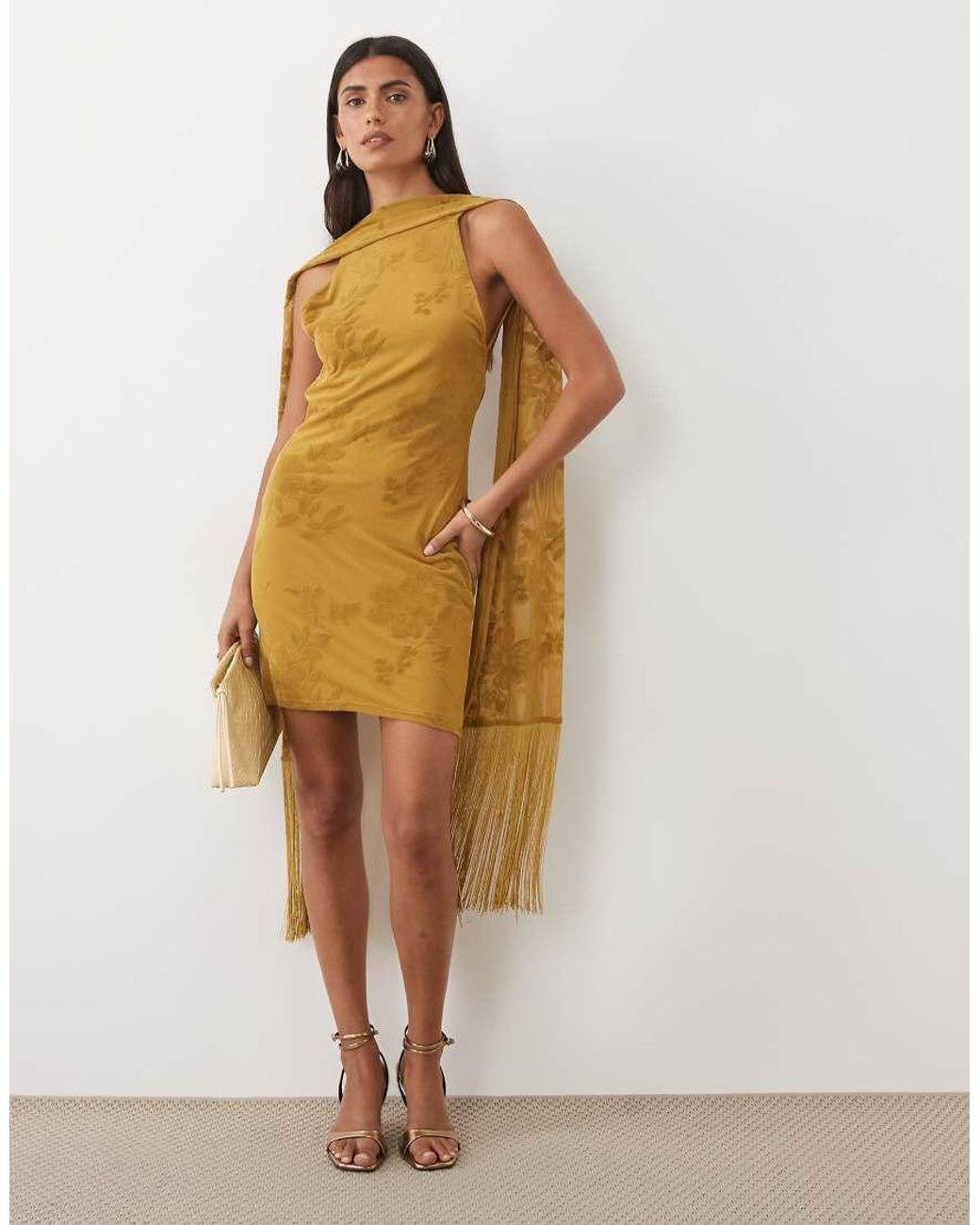 ASOS Brown Flocked Floral Mini Dress With Fringe Scarf Detail