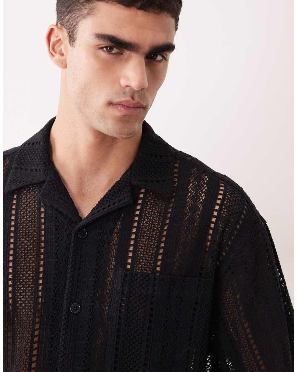 ASOS Black Oversized Crochet Revere Shirt for men