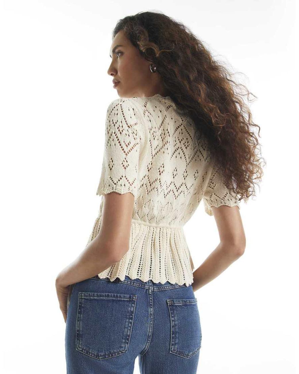 River Island White Crochet Knit Style Peplum Hem Polo Top
