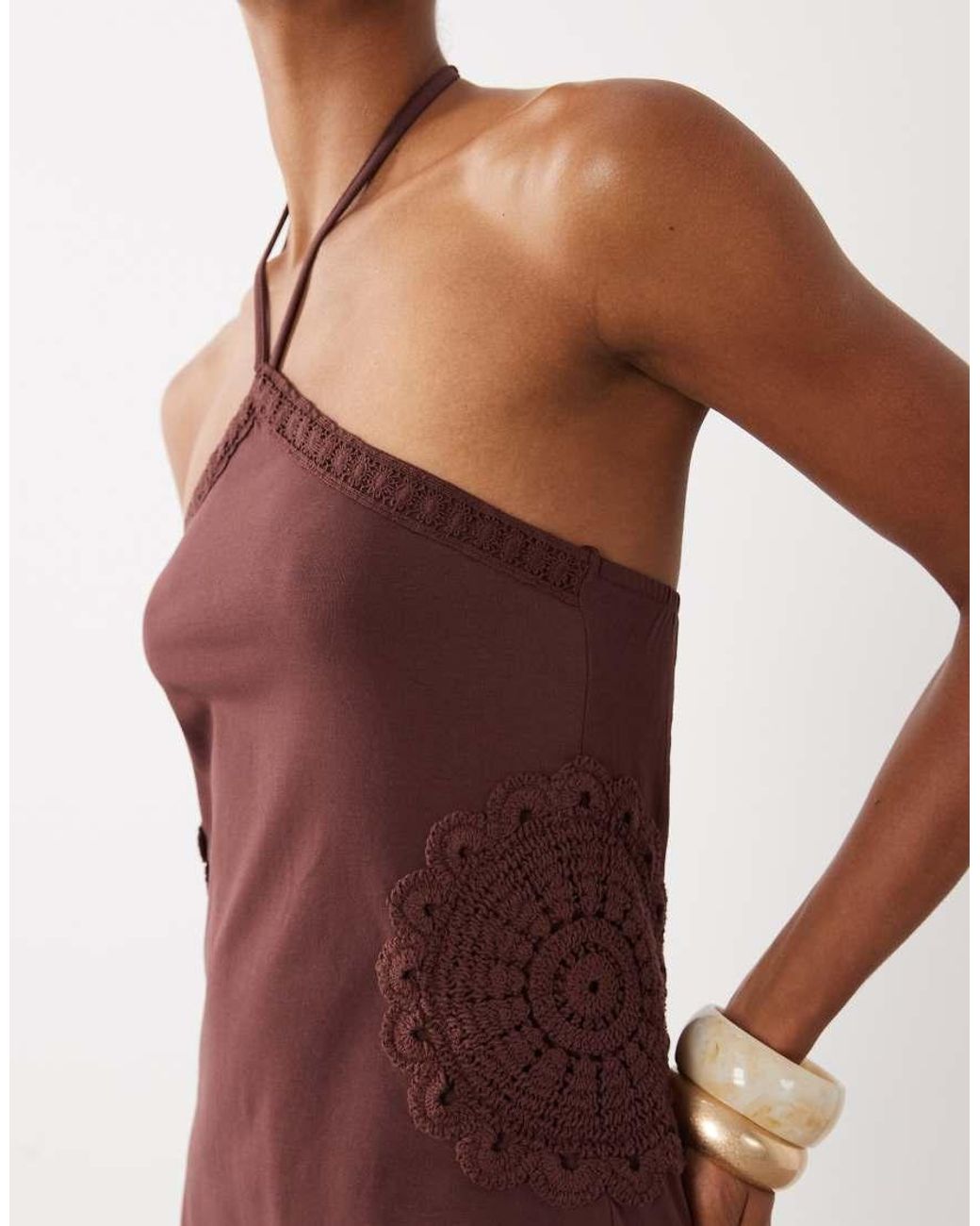 ASOS Brown Fit And Flare Crochet Patch Halter Mini Dress Chocolate