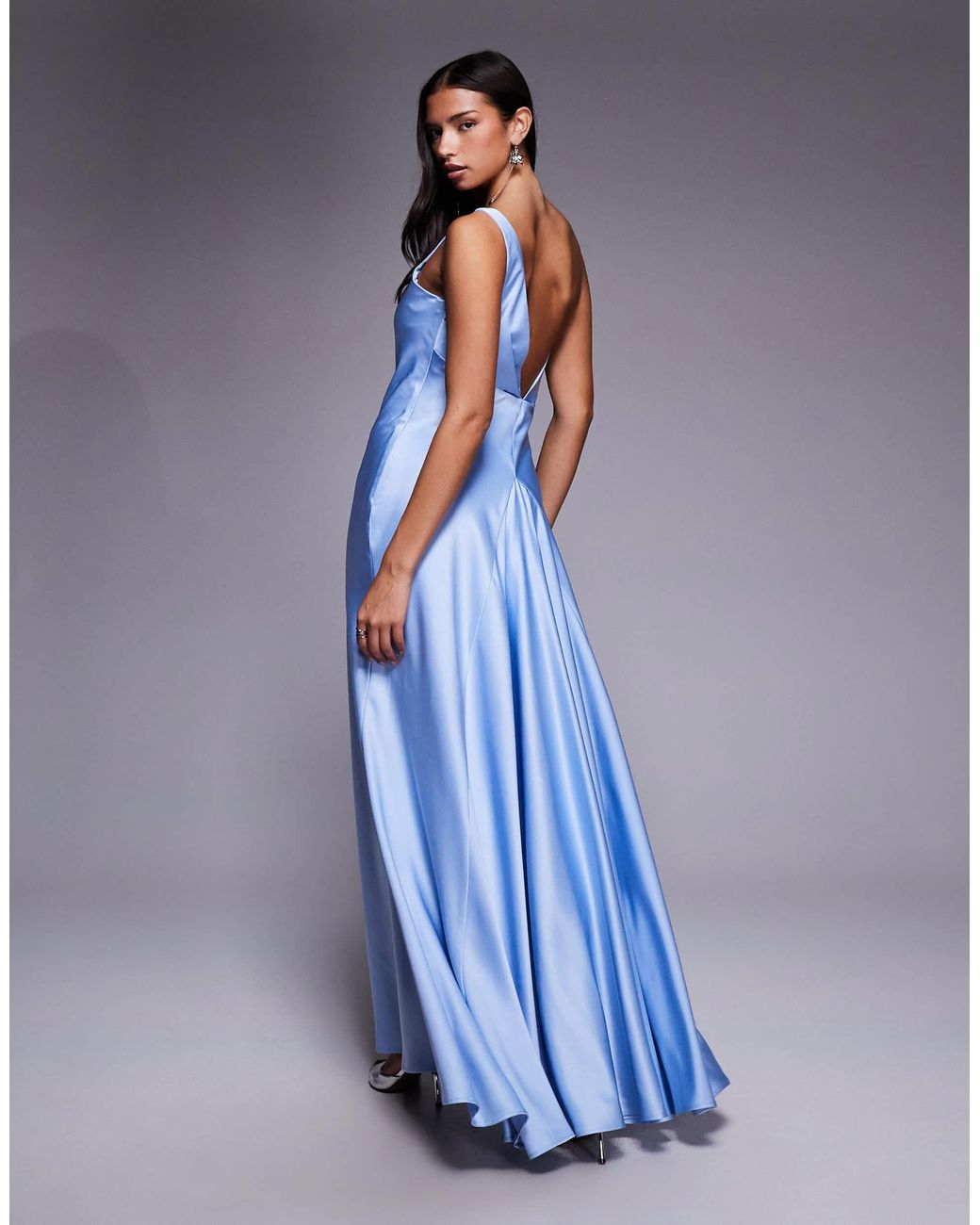 Jarlo Gwen Satin One Shoulder Full Skirt Maxi Dress in Blue