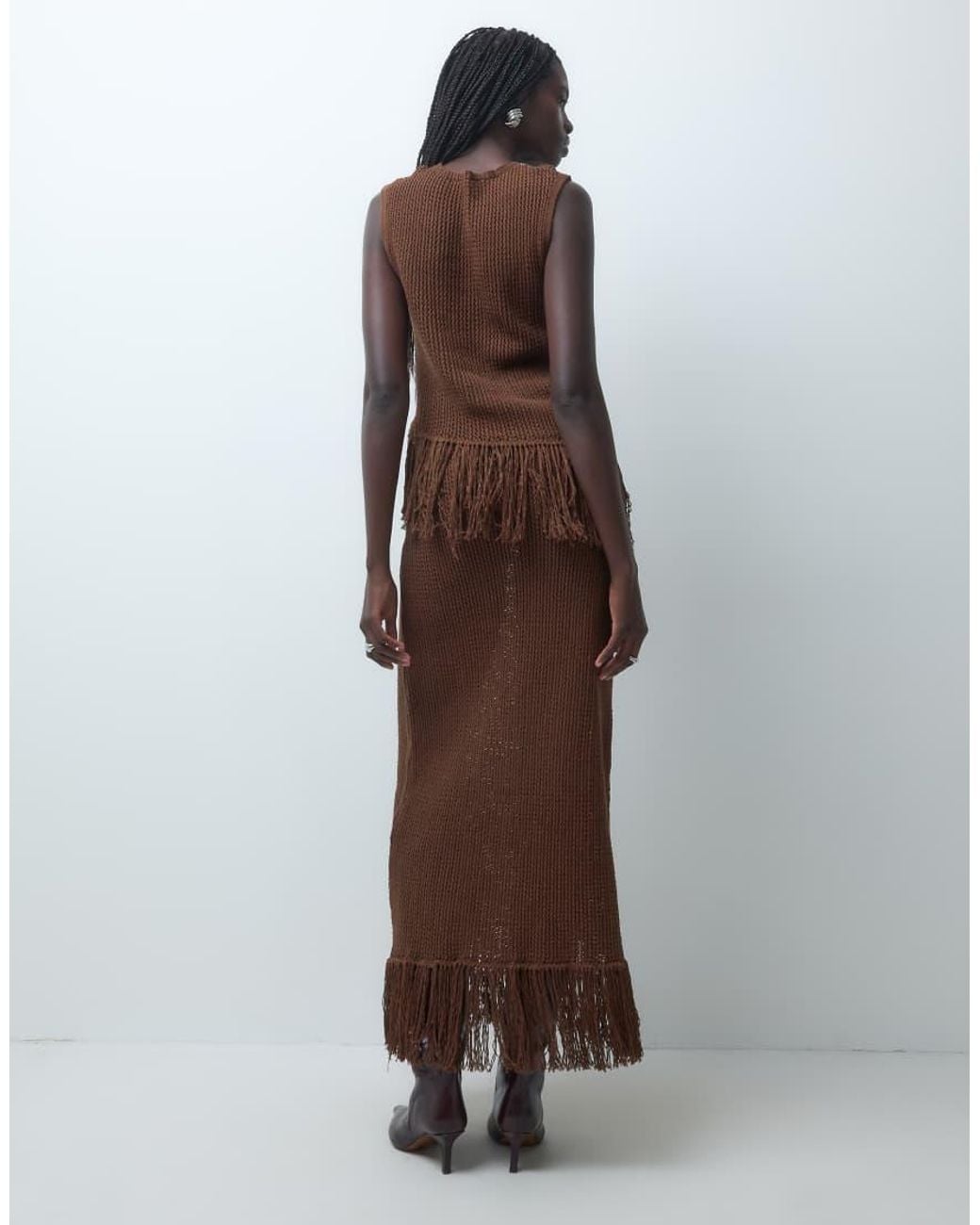 Miss Selfridge Brown Knitted Midi Skirt With Fringing