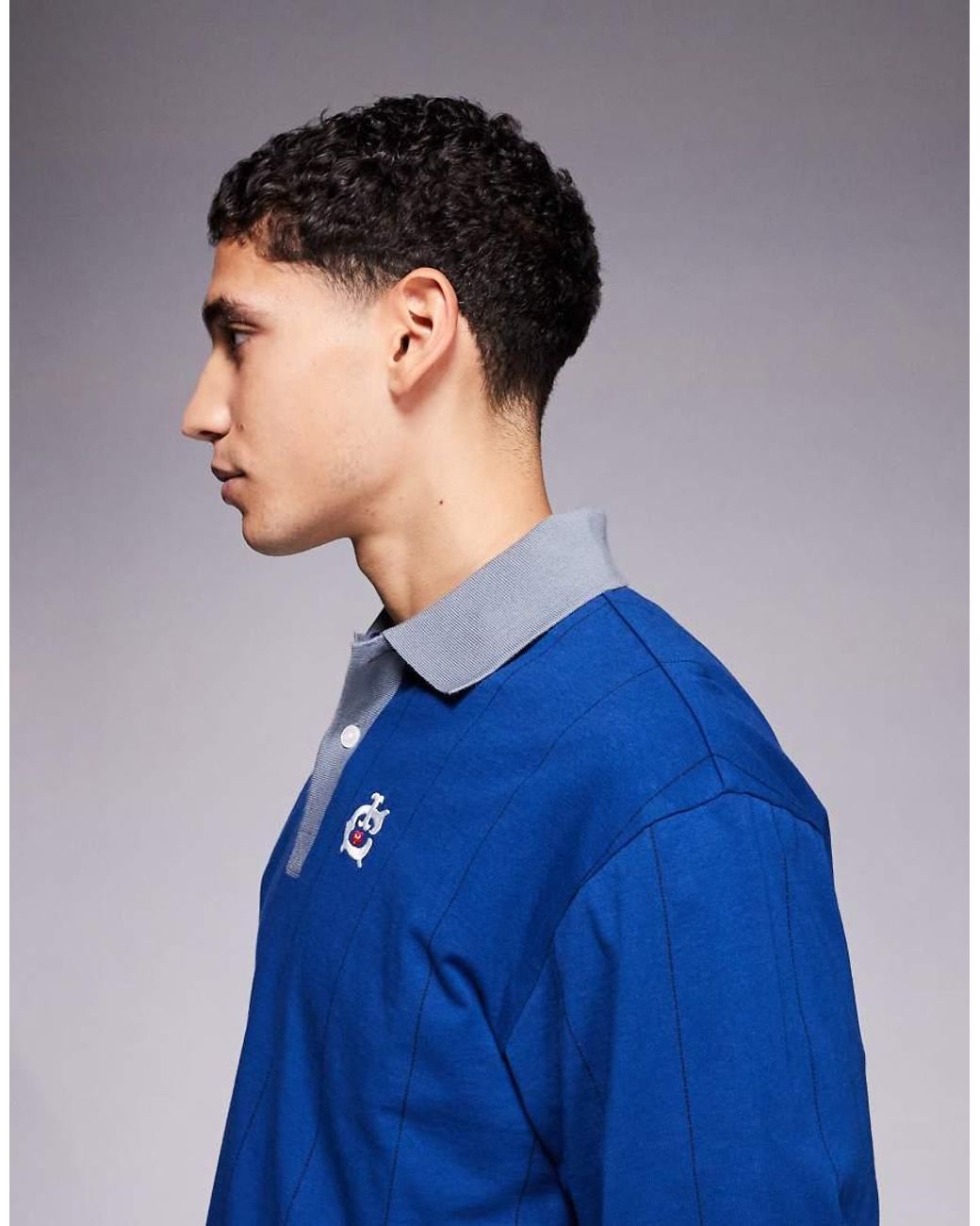 ICECREAM Blue Pinstripe Long Sleeve Polo With Contrast Collar for men
