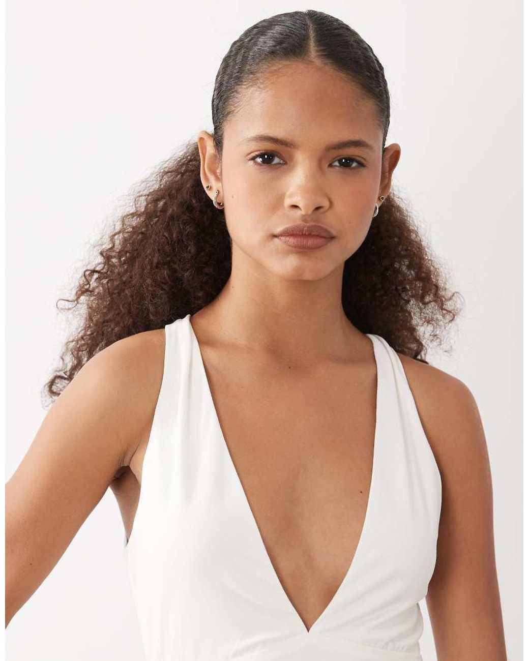 Motel Natural Georgina Cupro Deep Plunge Midi Dress