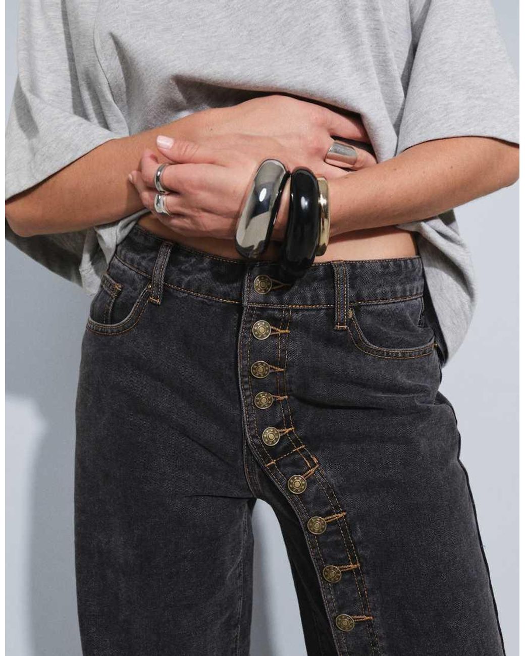 Lioness Red Penny Asymmetric Button Detail Relaxed Leg Jeans