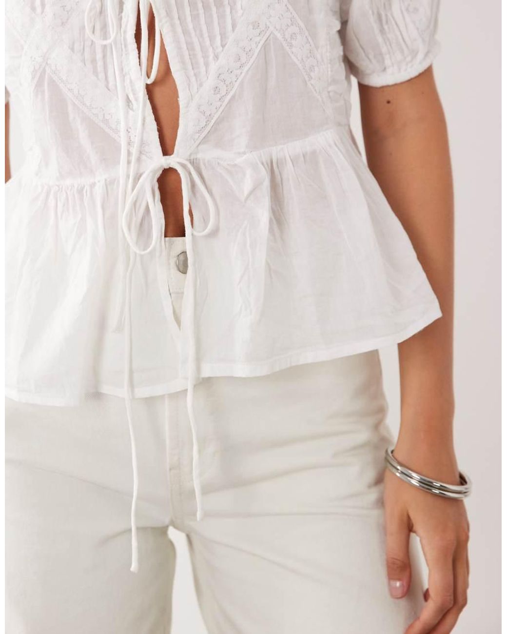 ASOS White Tie Front Lace Insert Blouse