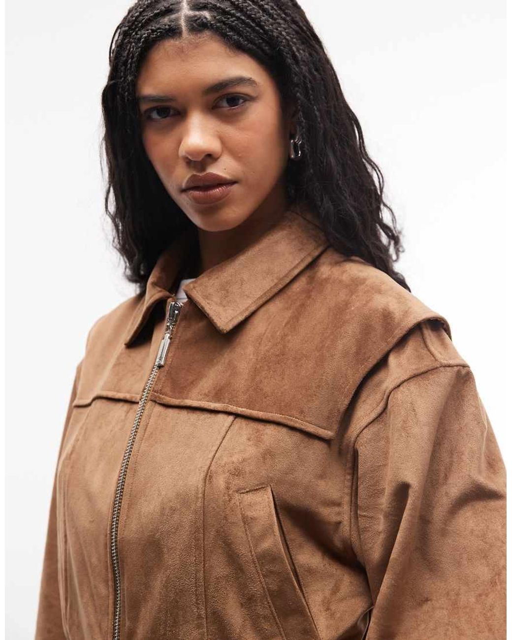 Liquor N Poker Brown Boxy Faux Suede Bomber Jacket