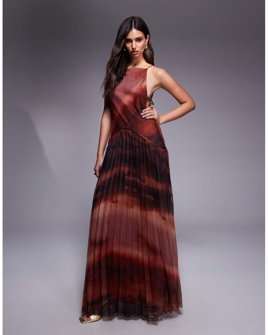 ASOS Purple Square Neck Dropped Waist Maxi Dress With Pleated Skirt