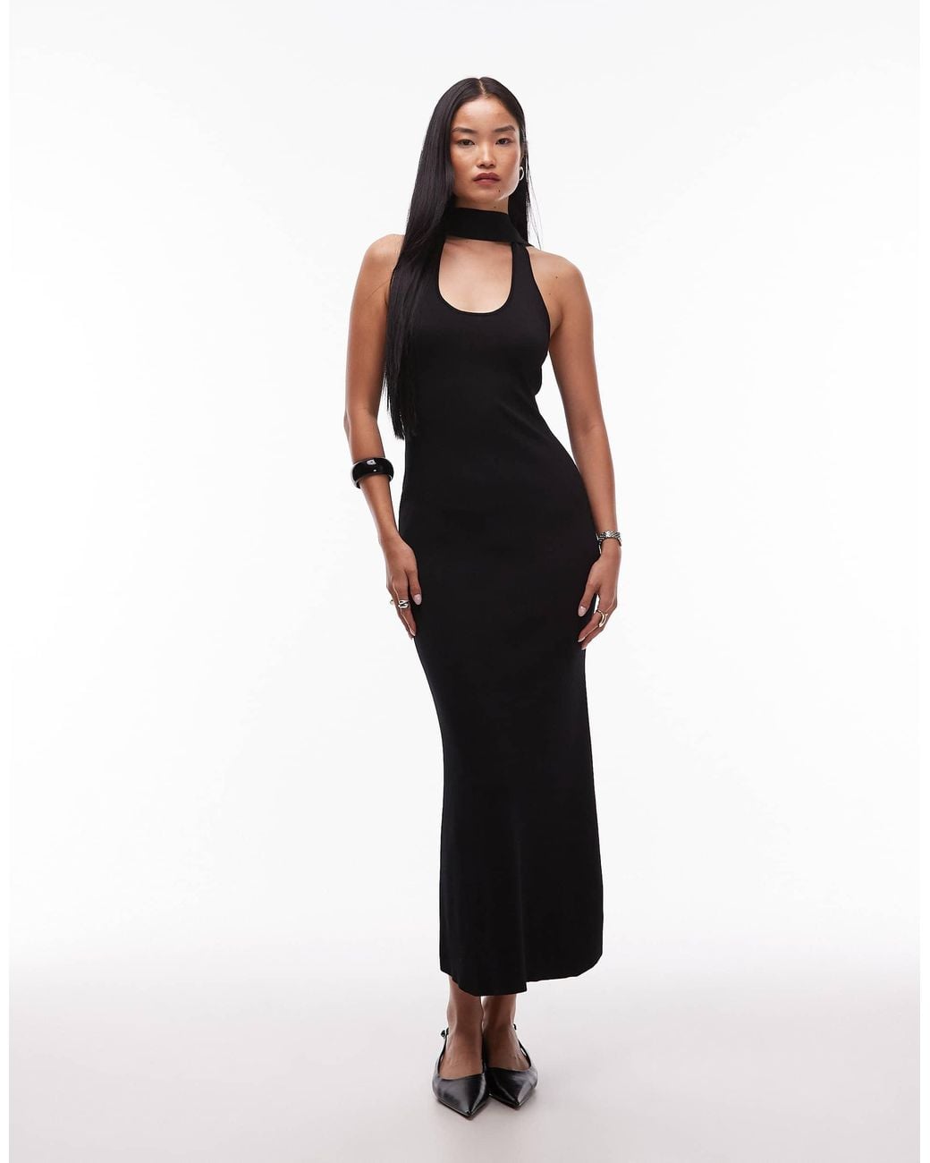 SNDY'S Premium Ribbed Knit Scoop Neck Scarf Detail Fishtail Maxi Dress in  Black | Lyst