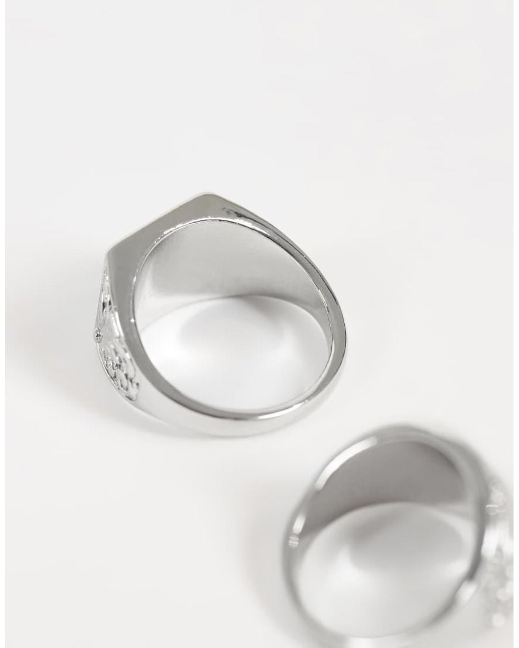 Reclaimed Vintage Metallic Unisex Rhodium Engraved Two Pack Of Signet Rings