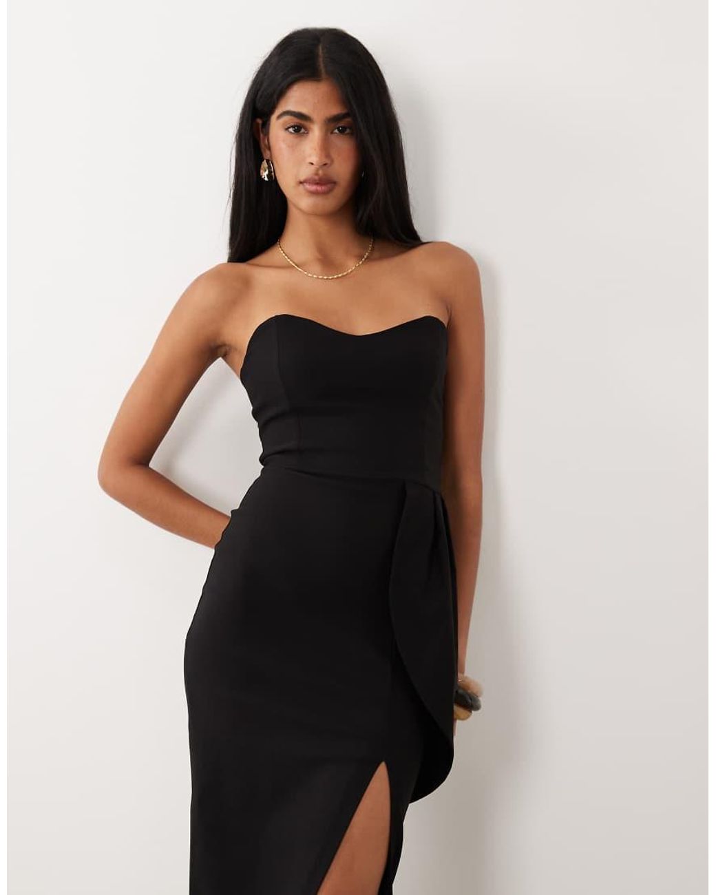 Vesper White Bengaline Sweetheart Bandeau Thigh Split Maxi Dress