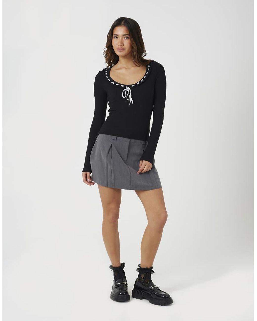 Brave Soul Blue Ribbed Long Sleeve Top With Bow Detail