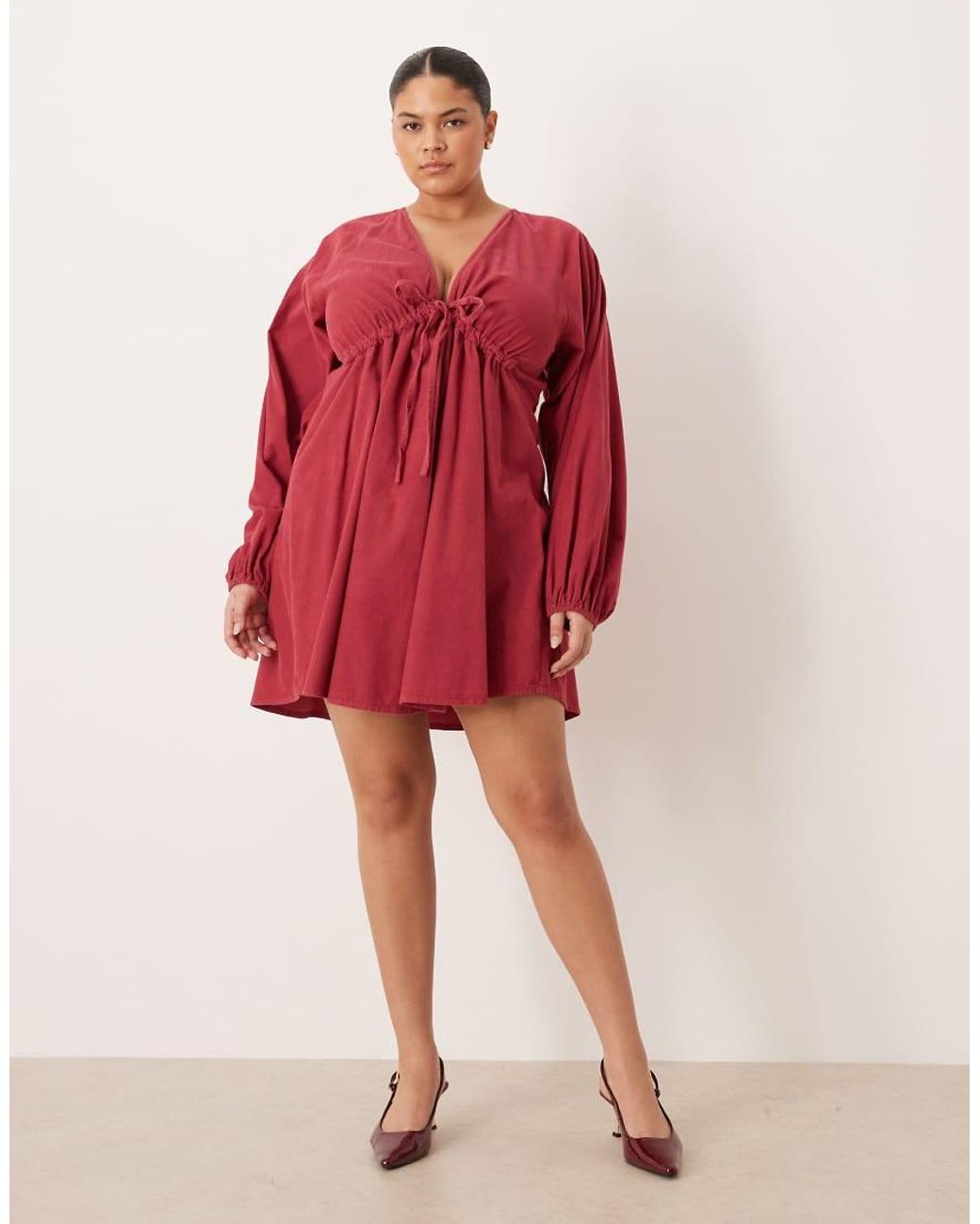 ASOS Red Asos Design Curve Cord V-neck Tie Bust Mini Dress With Volume Sleeve