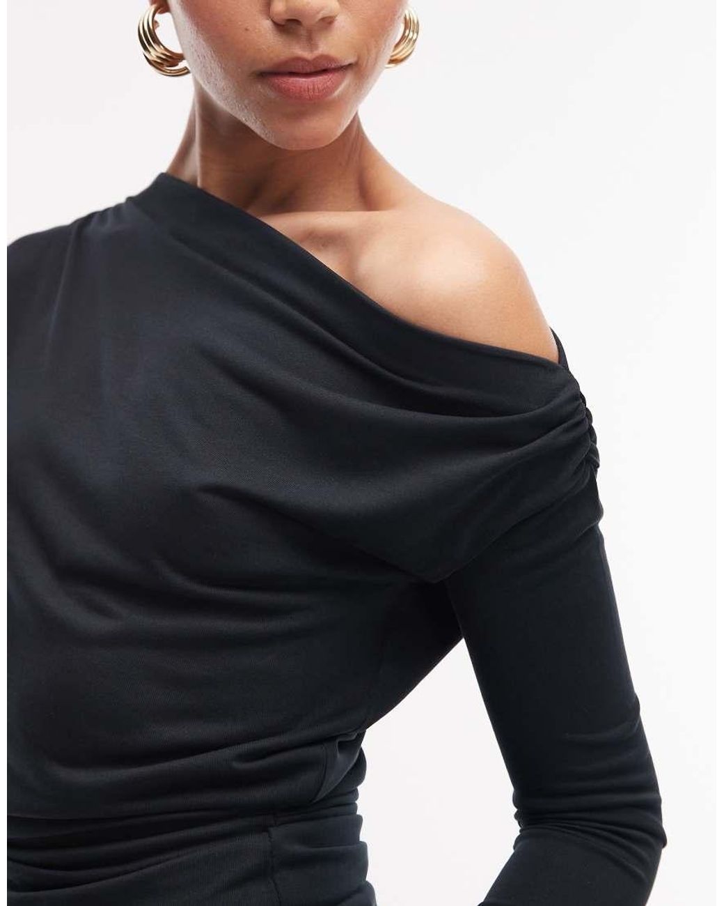ASOS Blue Soft Touch Drape Off Shoulder Top With Cinch Waist