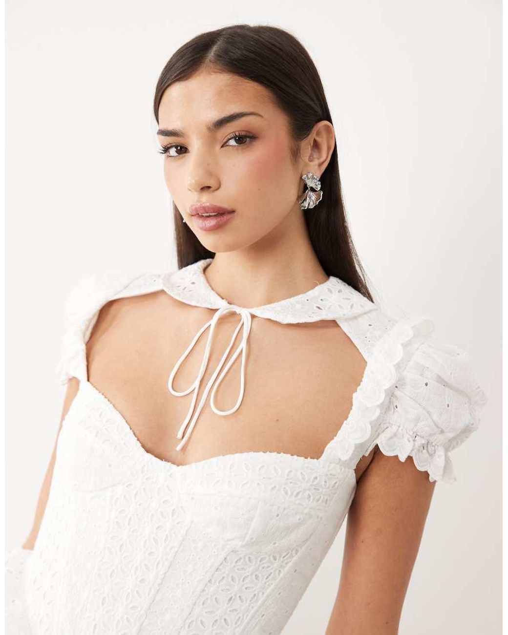 Bardot White Allington Cotton Broderie Corset Puff Sleeve Tie Collar Detail Mini Dress