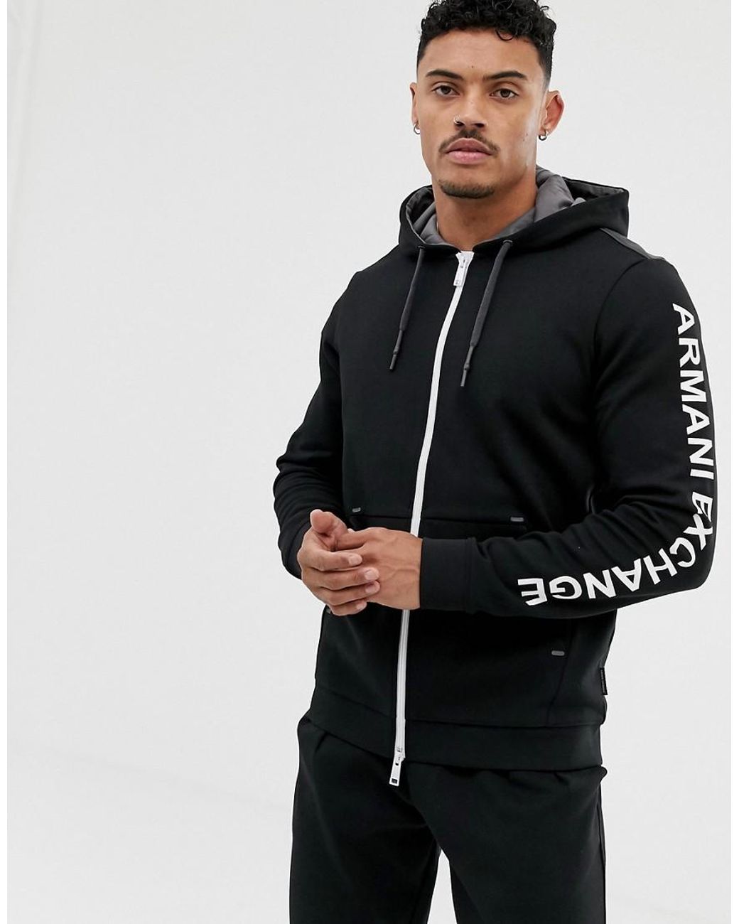 Armani Exchange Sleeve Logo Hooded Zip Through Sweat In Black for Men ...