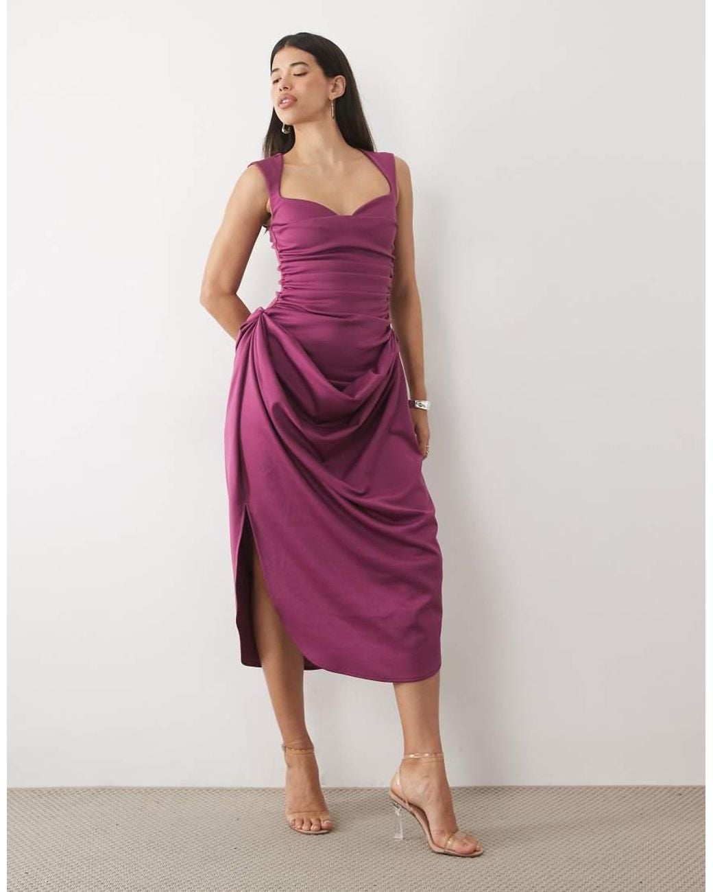 ASOS Purple Structured Midi Dress With Draped Skirt