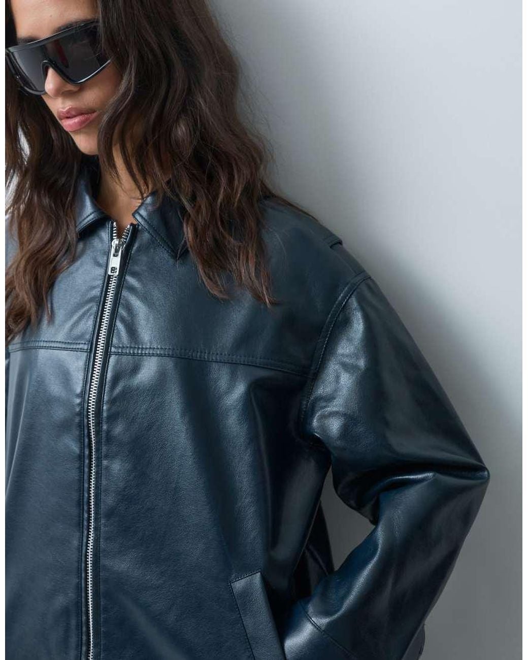 New Look Blue Bubble Hem Faux Leather Jacket