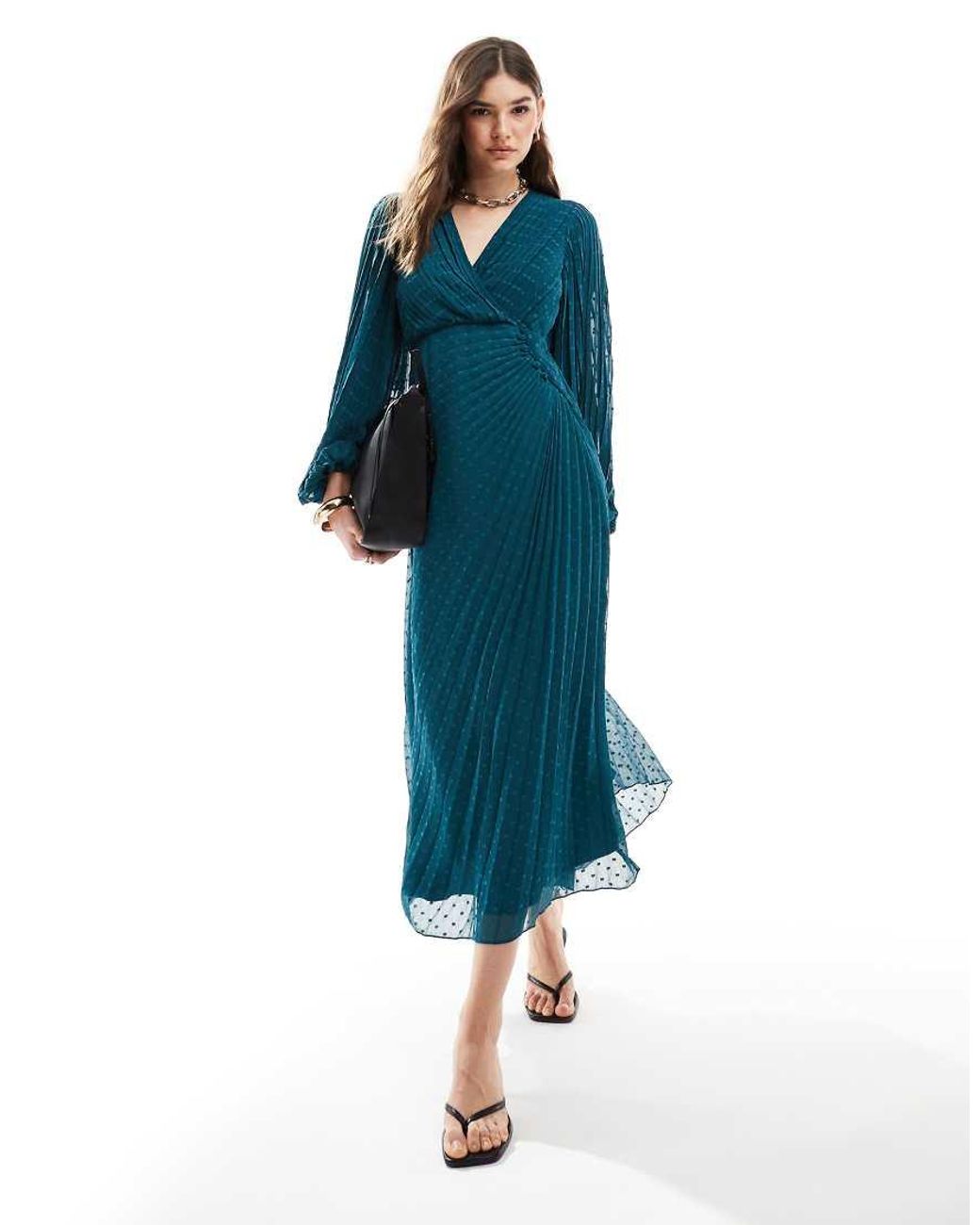 ASOS Pleated Dobby Chiffon Wrap Button Detail Maxi Dress in Blue | Lyst UK