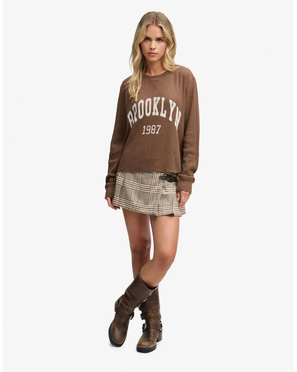 Superdry Natural Athletic Essentials Check Pleated Skirt