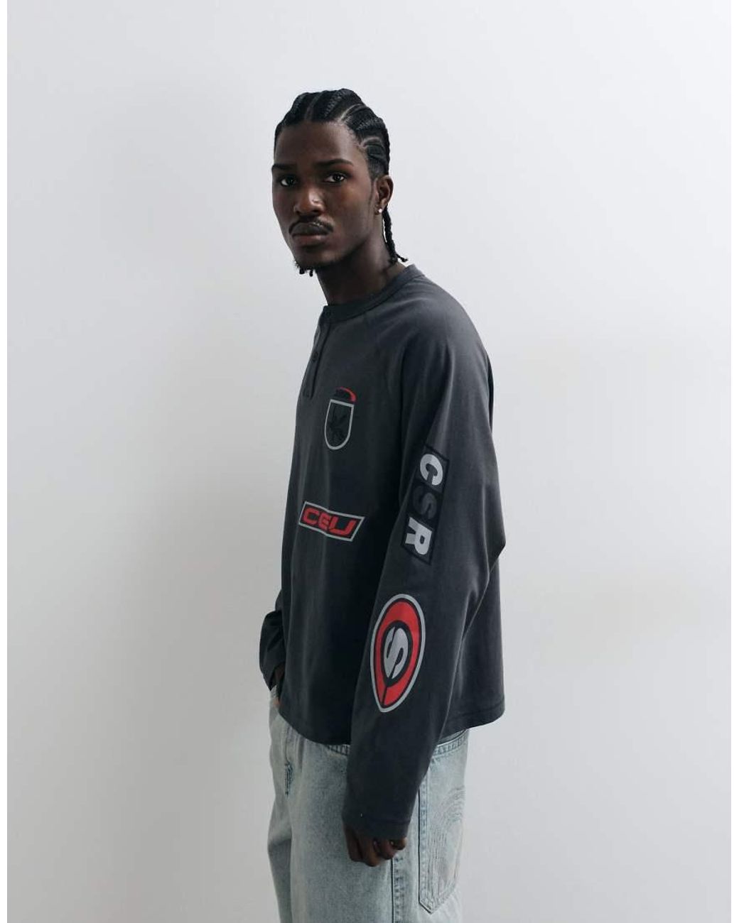 ASOS Black Long Sleeve Boxy Oversized Henley T-shirt With Street Graphics for men