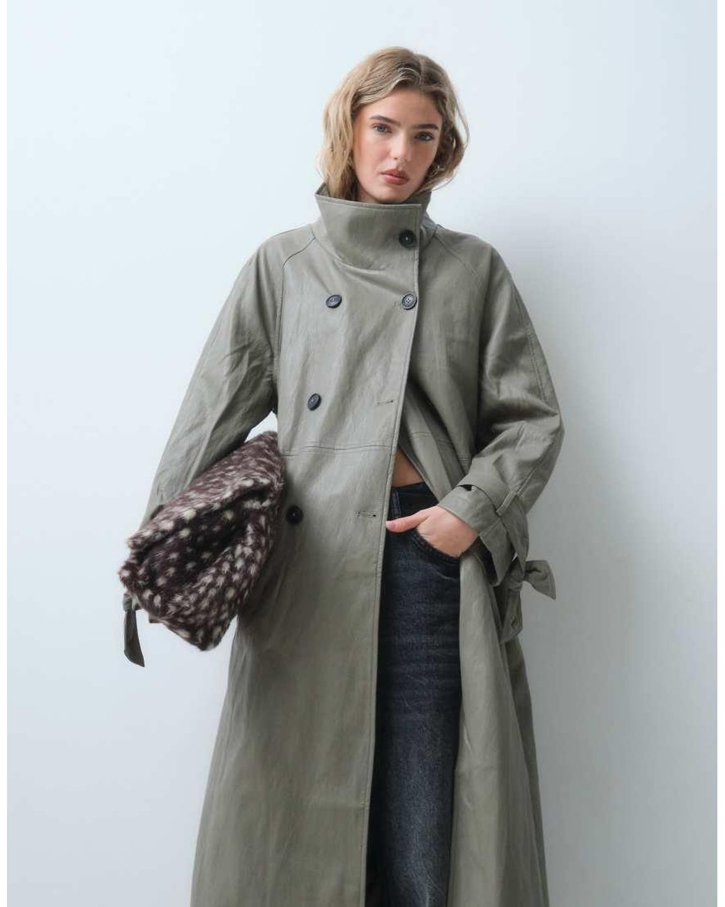 ASOS White Funnel Leather Look Longline Trench Coat
